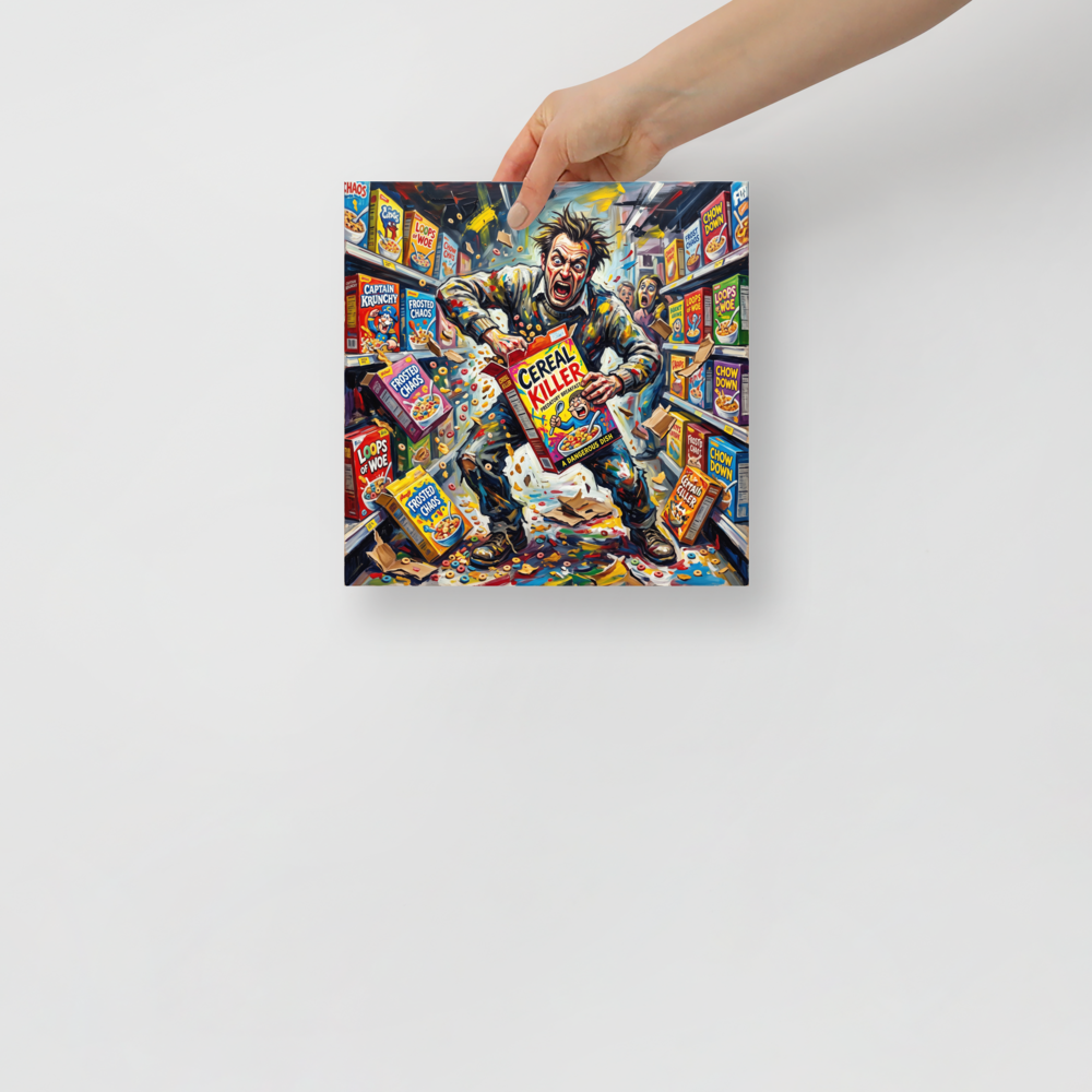 Expressionism wall art exploring pop culture, 'Cereal Killer'. Vibrant expressionist painting of a manic man tearing open cereal boxes in a supermarket aisle for game room wall art.