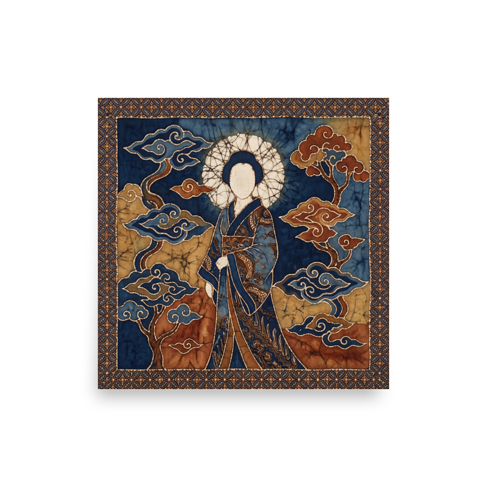 Japanese art wall art exploring mythology, 'Amaterasu in Batik'. A Japanese batik fabric artwork depicting the sun goddess Amaterasu in indigo and gold hues in a Living Room decor setting.