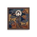 Japanese art wall art exploring mythology, 'Amaterasu in Batik'. A Japanese batik fabric artwork depicting the sun goddess Amaterasu in indigo and gold hues in a Living Room decor setting.