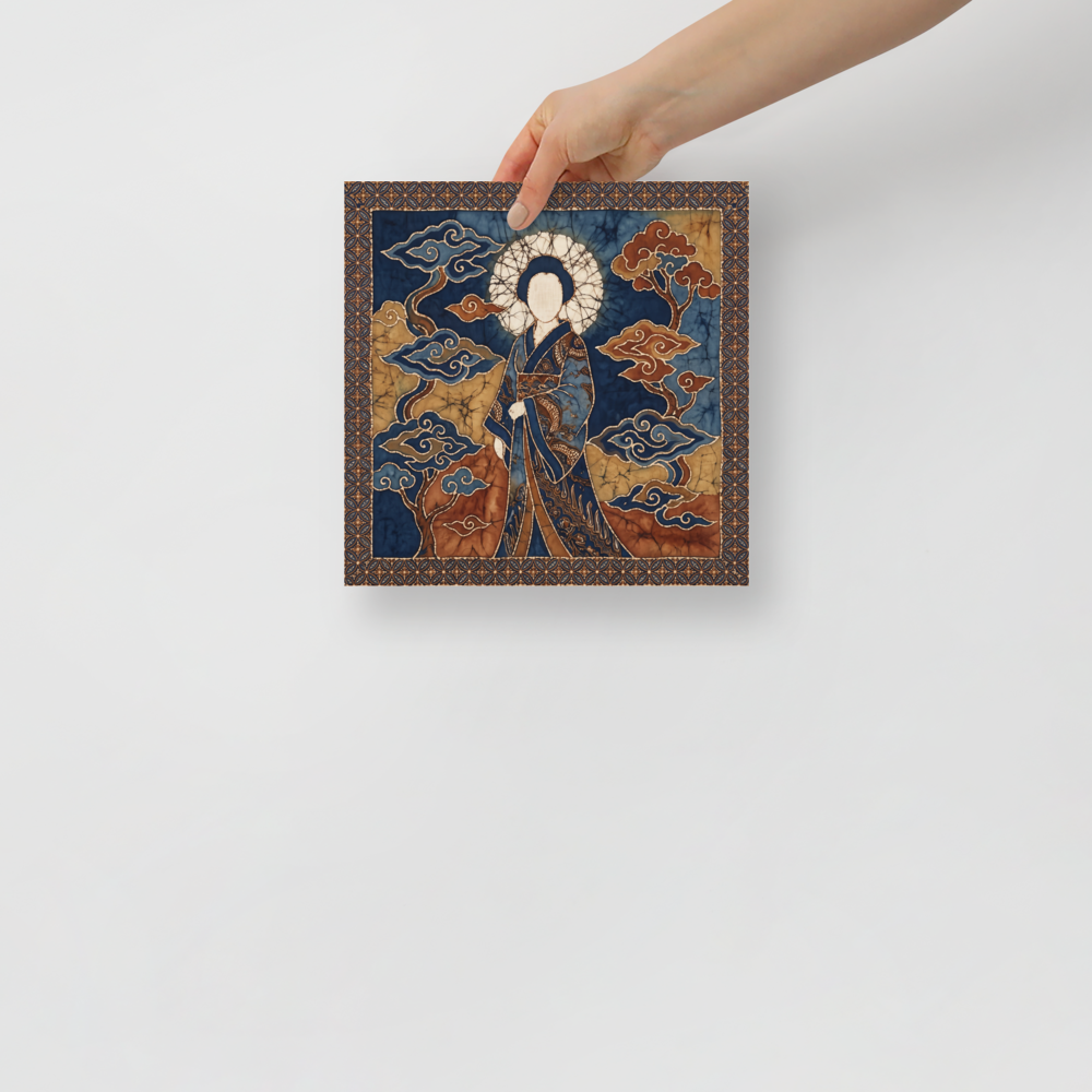'Amaterasu in Batik', a Japanese art wall art print. A Japanese batik fabric artwork depicting the sun goddess Amaterasu in indigo and gold hues in a Living Room decor setting.