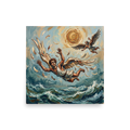 Expressionist impasto painting of winged Icarus falling into stormy sea under a golden sun, suited for a living room wall. A Expressionism print in teal and golden rod, 'The Fall of Icarus'.