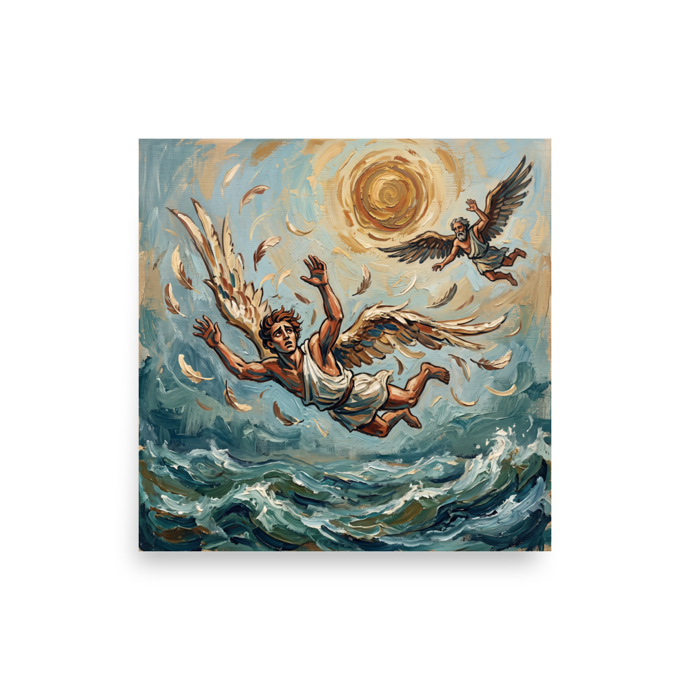 Expressionist impasto painting of winged Icarus falling into stormy sea under a golden sun, suited for a living room wall. A Expressionism print in teal and golden rod, 'The Fall of Icarus'.