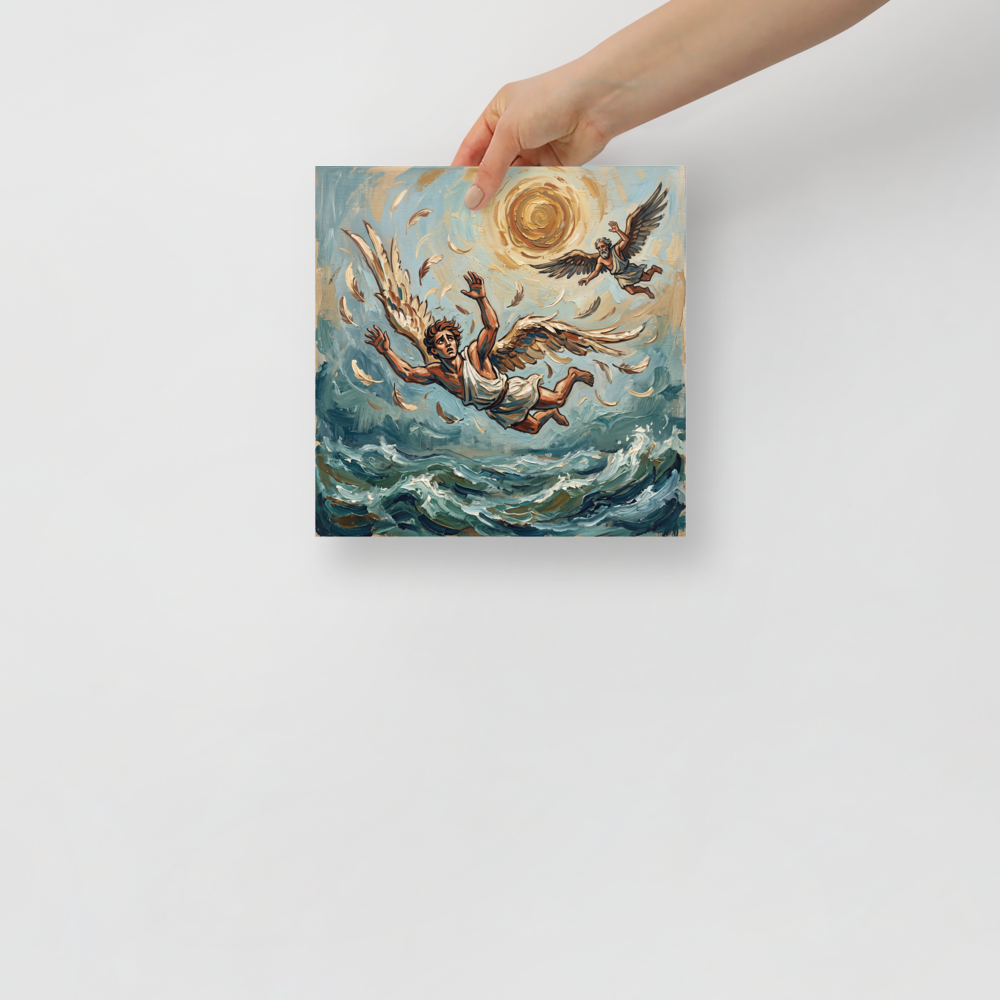 Expressionist impasto painting of winged Icarus falling into stormy sea under a golden sun, suited for a living room wall. A Expressionism print in teal and golden rod, 'The Fall of Icarus'.