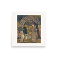 Wall art print 'Under the Trellis' in a Les Nabis style. A serene painting of a woman reading a book under an arched garden trellis with a cat and vase of flowers, creating a peaceful atmosphere for a bedroom or reading room.