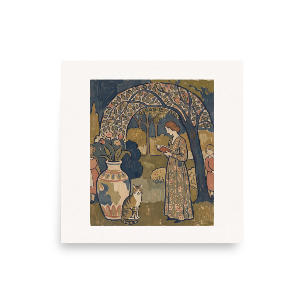 Wall art print 'Under the Trellis' in a Les Nabis style. A serene painting of a woman reading a book under an arched garden trellis with a cat and vase of flowers, creating a peaceful atmosphere for a bedroom or reading room.
