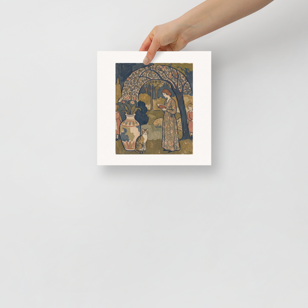 Wall art print 'Under the Trellis' in a Les Nabis style. A serene painting of a woman reading a book under an arched garden trellis with a cat and vase of flowers, creating a peaceful atmosphere for a bedroom or reading room.