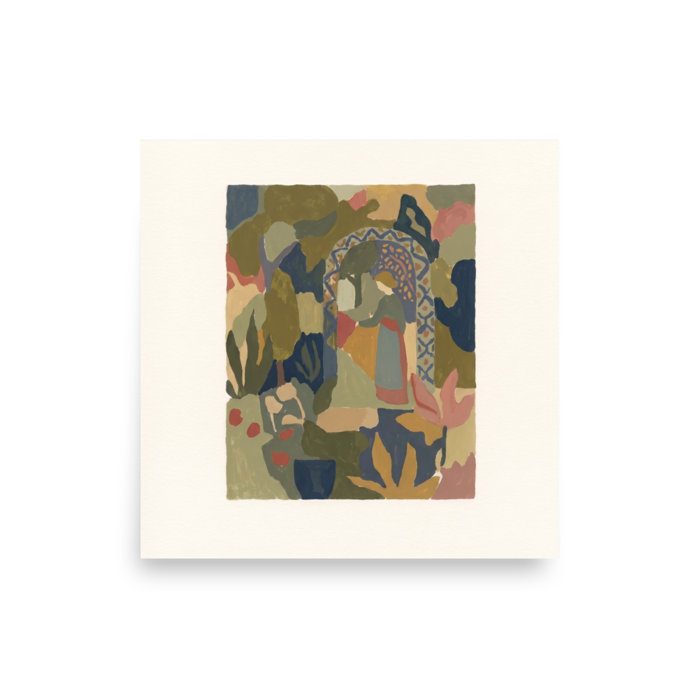'The Garden Archway'. An abstract Les Nabis painting of a woman standing beneath a patterned garden archway surrounded by colorful foliage, creating an elegant focal point for a living room or hallway. Offered as a Les Nabis print.
