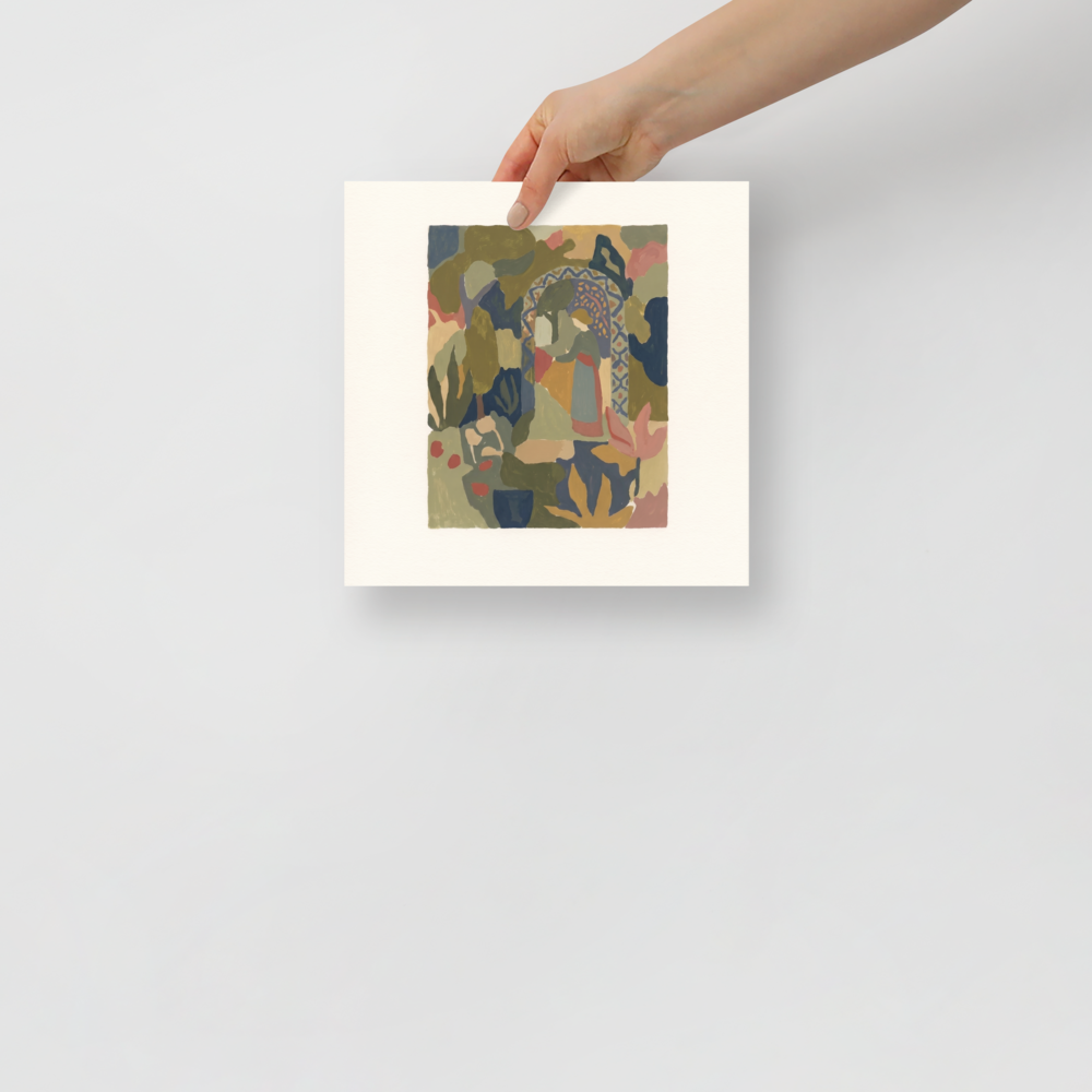 'The Garden Archway', a Les Nabis wall art print. An abstract Les Nabis painting of a woman standing beneath a patterned garden archway surrounded by colorful foliage, creating an elegant focal point for a living room or hallway.