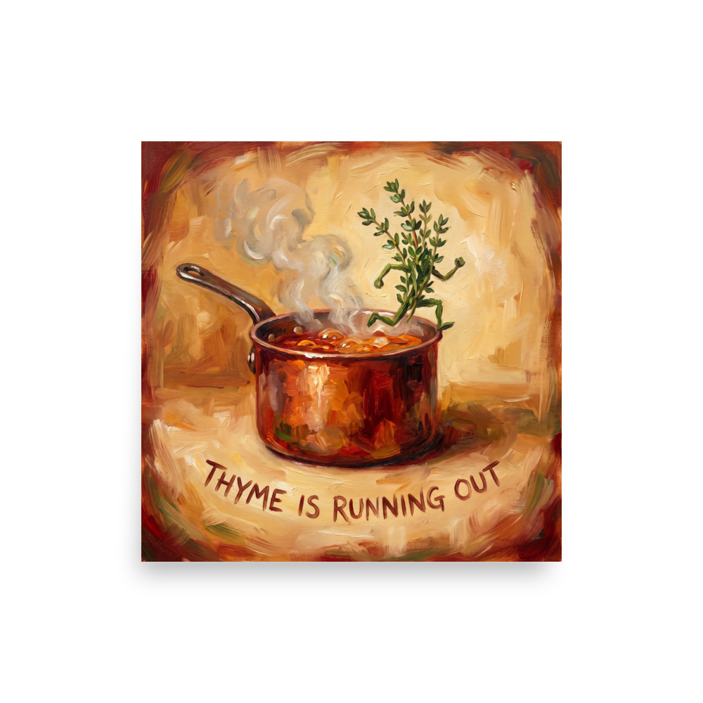 A humorous oil painting of a thyme sprig running out of a steaming copper pot, ideal kitchen wall art. Shown here as the Impressionism print 'Thyme Is Running Out'.