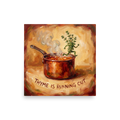 A humorous oil painting of a thyme sprig running out of a steaming copper pot, ideal kitchen wall art. Shown here as the Impressionism print 'Thyme Is Running Out'.