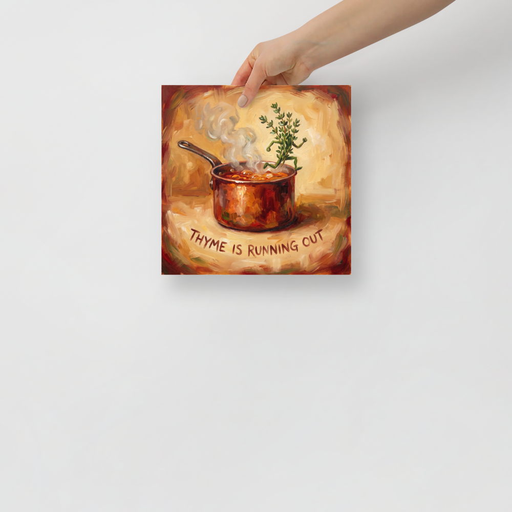 A humorous oil painting of a thyme sprig running out of a steaming copper pot, ideal kitchen wall art. 'Thyme Is Running Out', a Impressionism print for the wall.