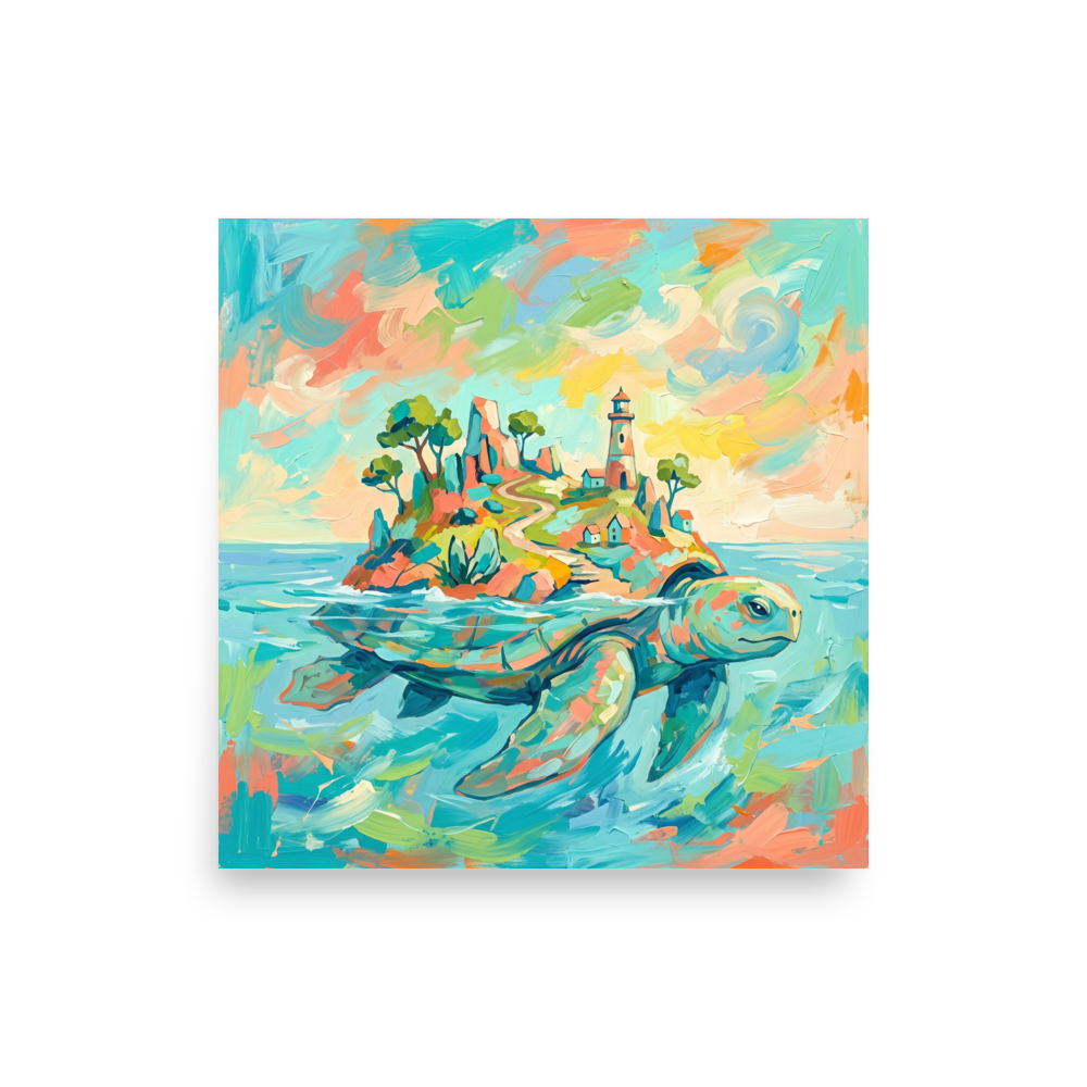 The Fauvism print 'Sanctuary of the World Turtle'. Whimsical pastel oil painting of a mythical sea turtle carrying a coastal island and lighthouse, ideal wall art for a sunroom.