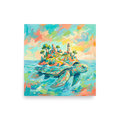 The Fauvism print 'Sanctuary of the World Turtle'. Whimsical pastel oil painting of a mythical sea turtle carrying a coastal island and lighthouse, ideal wall art for a sunroom.