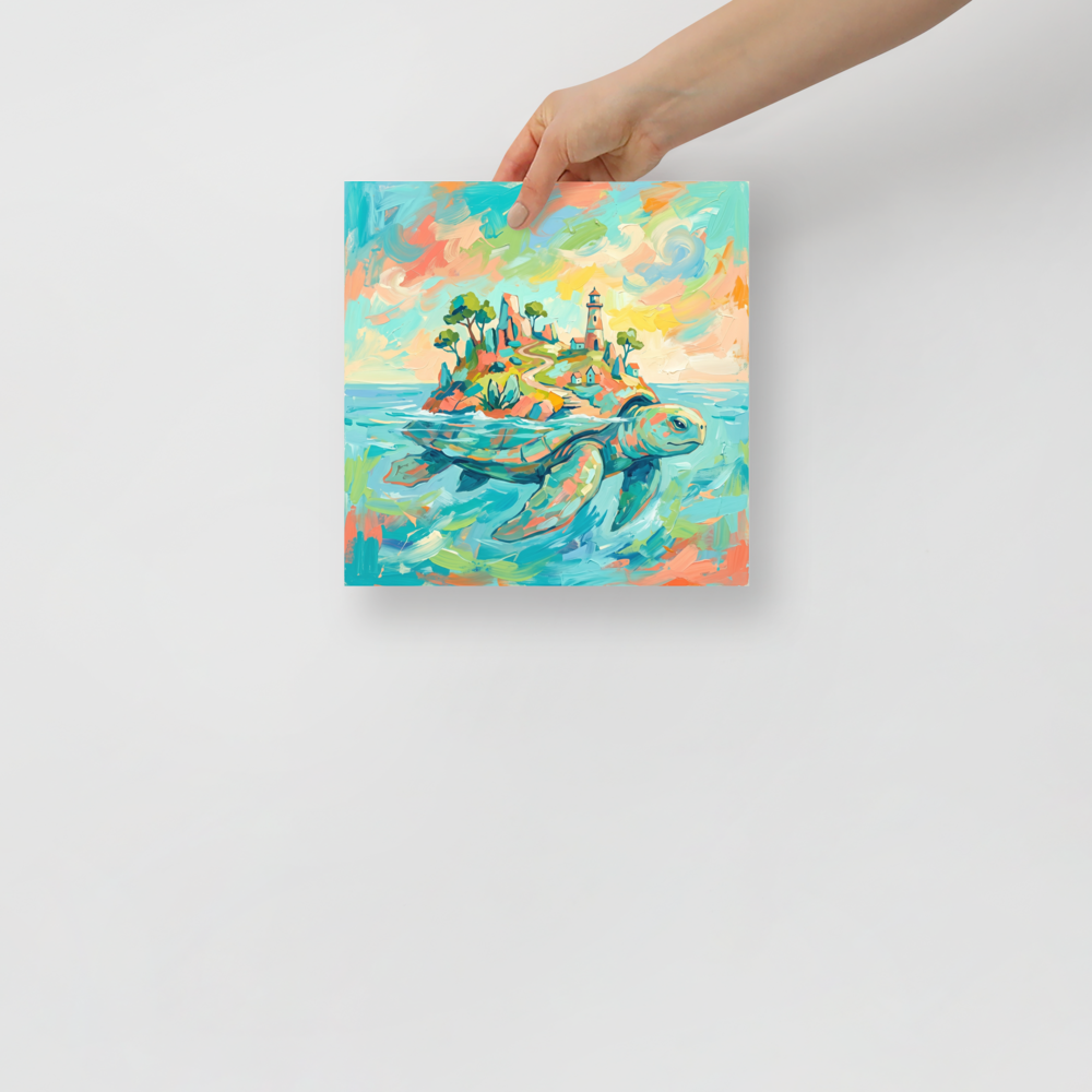 A dreamy scene in turquoise and salmon, 'Sanctuary of the World Turtle'. Whimsical pastel oil painting of a mythical sea turtle carrying a coastal island and lighthouse, ideal wall art for a sunroom.