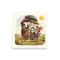 Animation wall art, 'The Peculiar Journey'. A whimsical illustration of a bear, badger, and squirrel riding a tandem bicycle with umbrellas in a sunny countryside setting, perfect for a playroom.