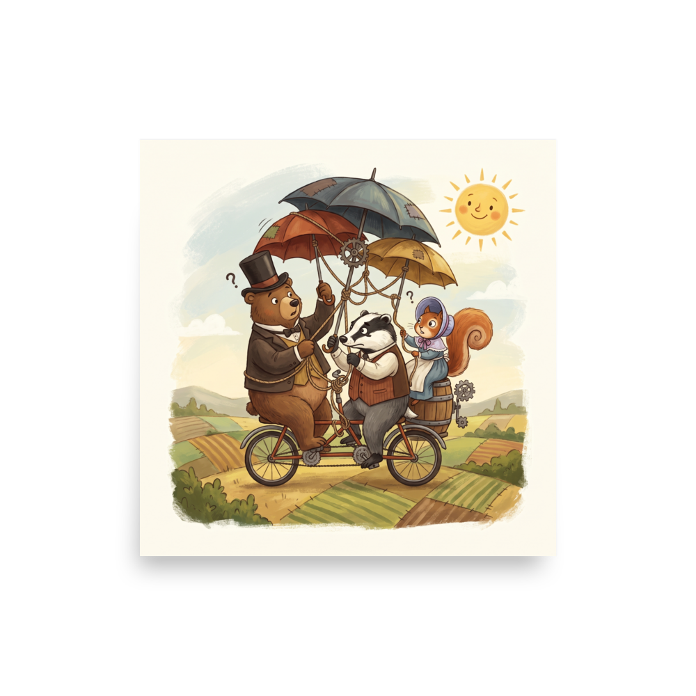 Animation wall art, 'The Peculiar Journey'. A whimsical illustration of a bear, badger, and squirrel riding a tandem bicycle with umbrellas in a sunny countryside setting, perfect for a playroom.