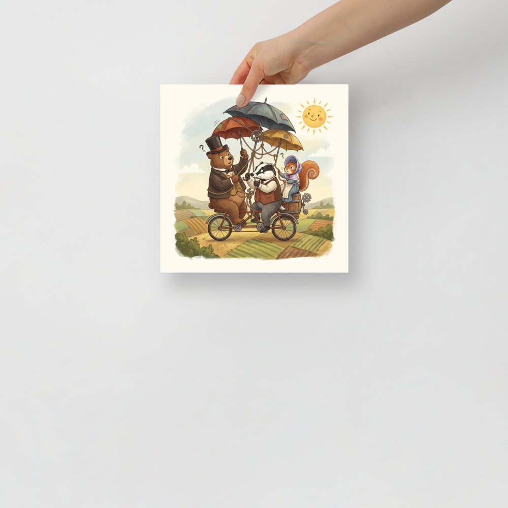 A amusement / humorous scene in burly wood and orange, 'The Peculiar Journey'. A whimsical illustration of a bear, badger, and squirrel riding a tandem bicycle with umbrellas in a sunny countryside setting, perfect for a playroom.