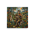 Cubist geometric painting of Orpheus playing violin in an enchanted forest, ideal for a living room wall. A Cubism art print titled 'Orpheus and Eurydice'.