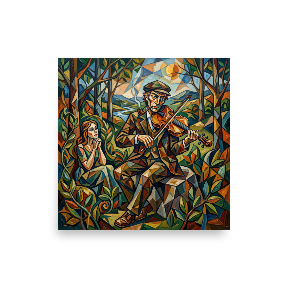 Cubist geometric painting of Orpheus playing violin in an enchanted forest, ideal for a living room wall. A Cubism art print titled 'Orpheus and Eurydice'.