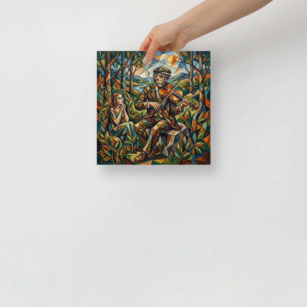 Cubism wall art for the living room, 'Orpheus and Eurydice'. Cubist geometric painting of Orpheus playing violin in an enchanted forest, ideal for a living room wall.