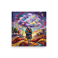 'Mind in the Clouds'. Whimsical surrealist painting of a figure with a cloud of creative ideas above their head for library wall art. Offered as a Surrealism print.