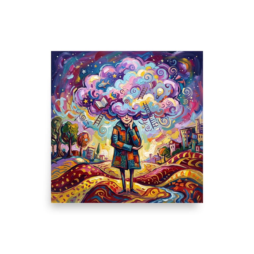 'Mind in the Clouds'. Whimsical surrealist painting of a figure with a cloud of creative ideas above their head for library wall art. Offered as a Surrealism print.
