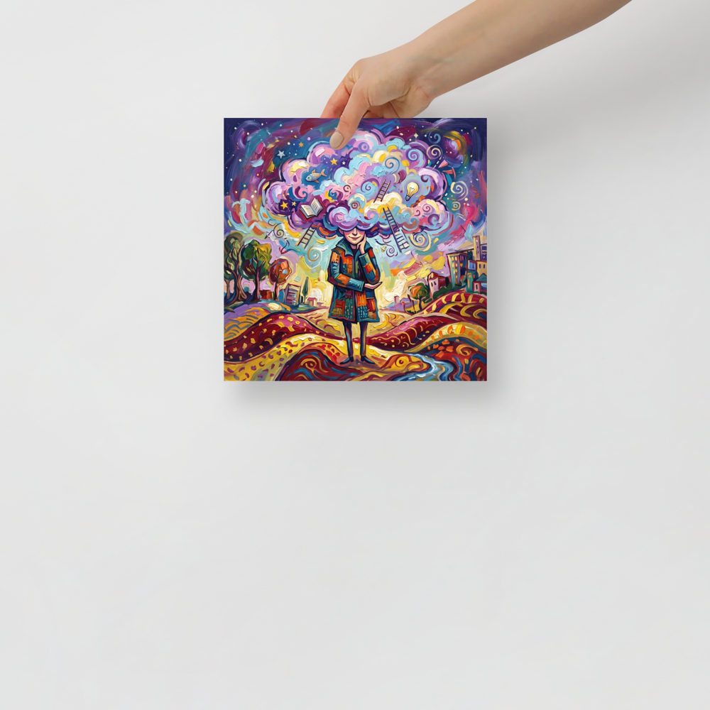 Whimsical surrealist painting of a figure with a cloud of creative ideas above their head for library wall art. 'Mind in the Clouds', a Surrealism print for the wall.
