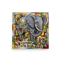 'The Elephant in the Room', a Cubism wall art print. A bold cubist oil painting of a giant elephant standing inside a modern living room with geometric patterns.