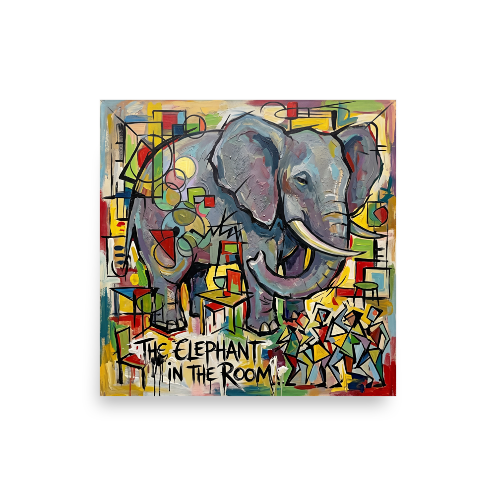 'The Elephant in the Room', a Cubism wall art print. A bold cubist oil painting of a giant elephant standing inside a modern living room with geometric patterns.