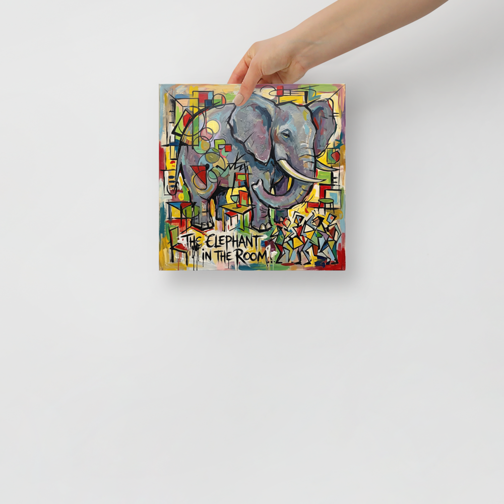 A striking Cubism print, 'The Elephant in the Room'. A bold cubist oil painting of a giant elephant standing inside a modern living room with geometric patterns.