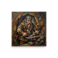 A Cubist oil painting of a bearded dwarven blacksmith hammering metal on an anvil in a Living Room decor setting. A Cubism art print titled 'The Forge of Brokkr'.