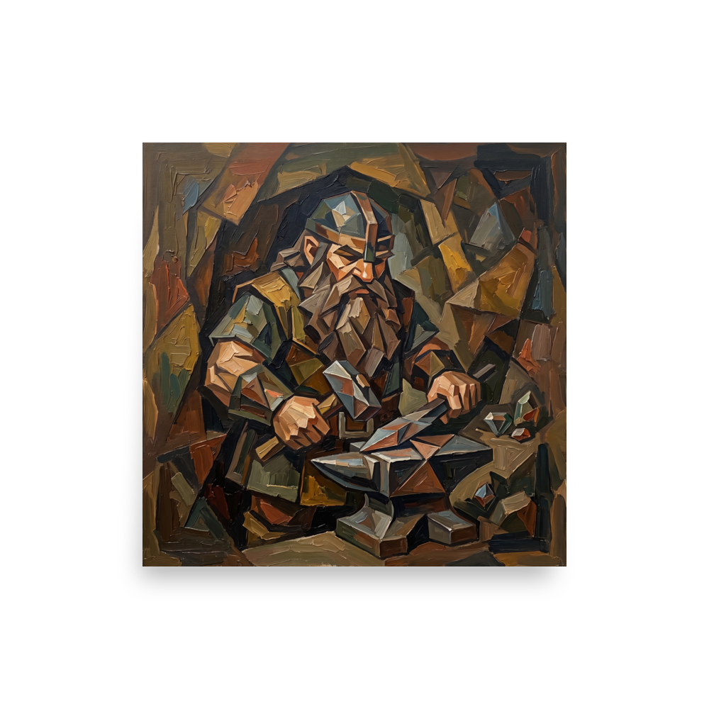 A Cubist oil painting of a bearded dwarven blacksmith hammering metal on an anvil in a Living Room decor setting. A Cubism art print titled 'The Forge of Brokkr'.
