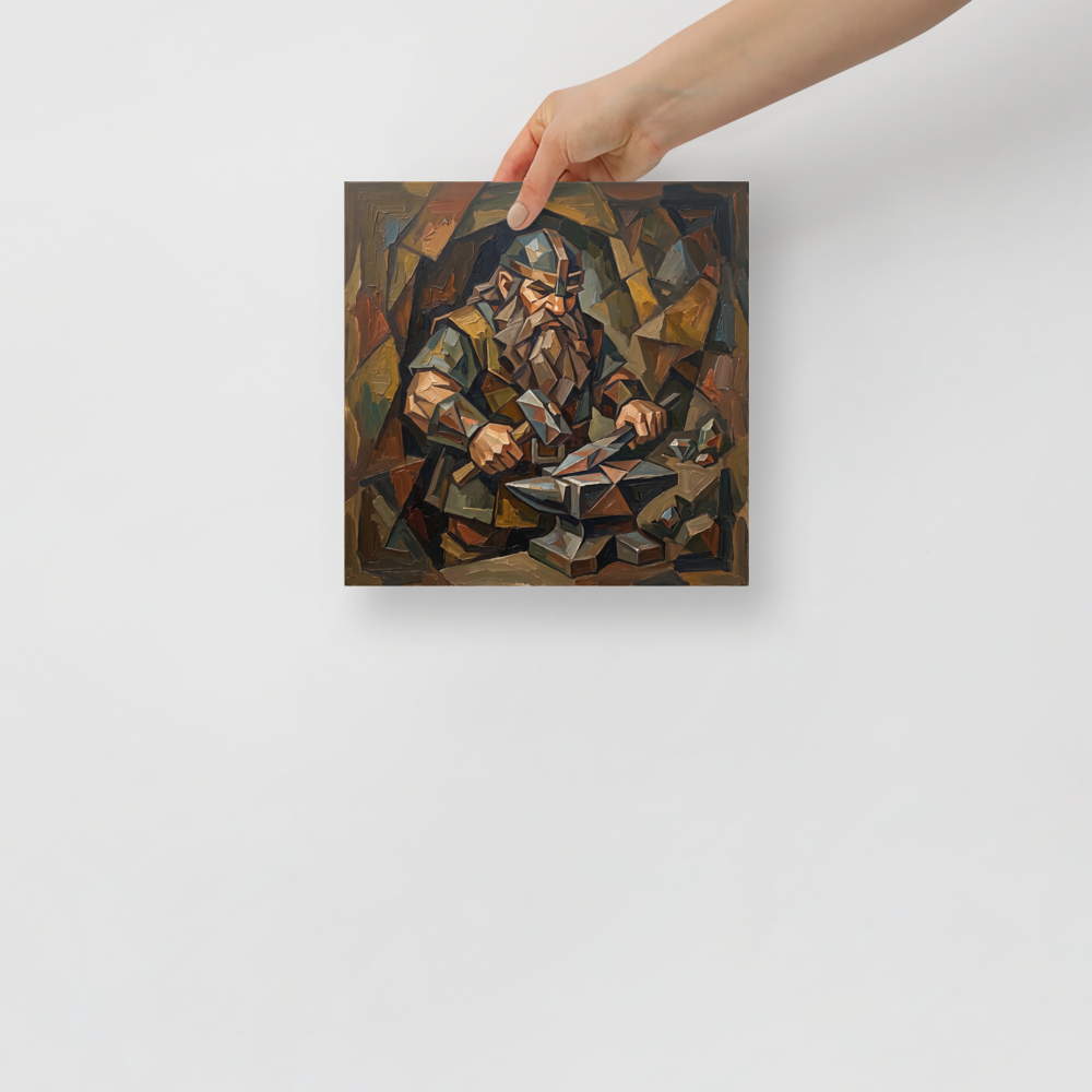 A Cubist oil painting of a bearded dwarven blacksmith hammering metal on an anvil in a Living Room decor setting. Available as the Cubism art print 'The Forge of Brokkr'.