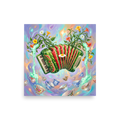 The Surrealism print 'Watermelon Serenade'. A vibrant surreal art print featuring a watermelon accordion sprouting vines and pouring tea into floating porcelain cups for a kitchen or cafe wall.