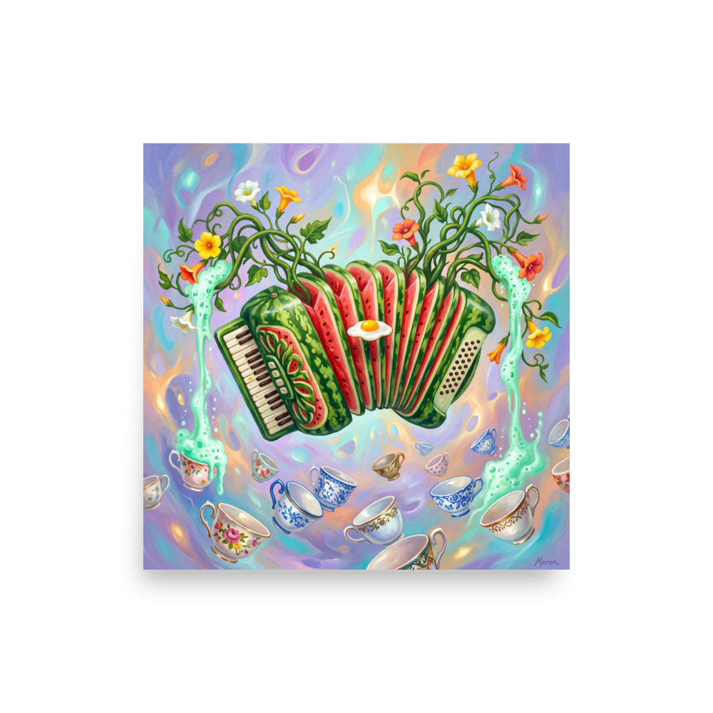 The Surrealism print 'Watermelon Serenade'. A vibrant surreal art print featuring a watermelon accordion sprouting vines and pouring tea into floating porcelain cups for a kitchen or cafe wall.
