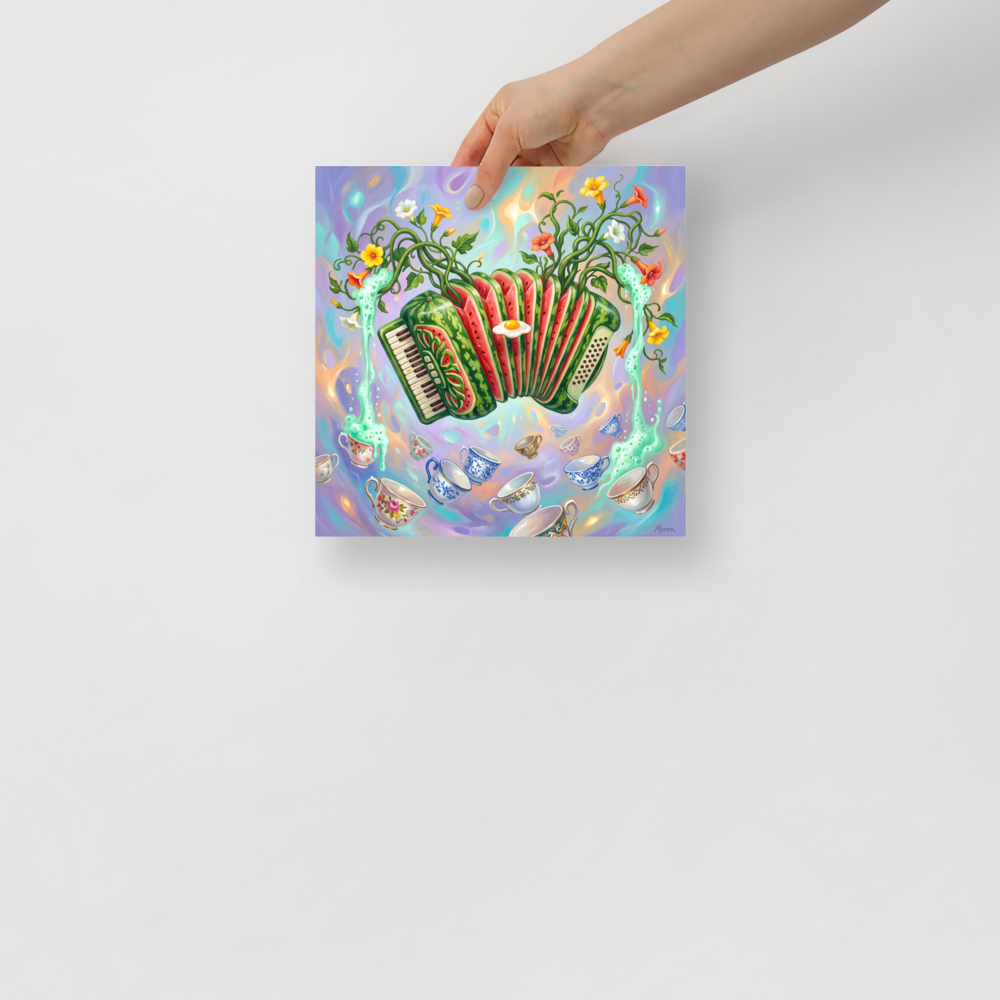 A vibrant surreal art print featuring a watermelon accordion sprouting vines and pouring tea into floating porcelain cups for a kitchen or cafe wall. Shown here as the Surrealism print 'Watermelon Serenade'.