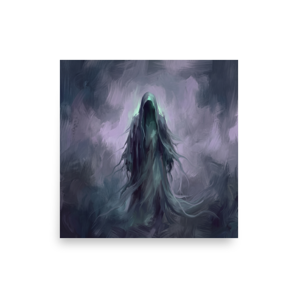 'Phantom of Morpheus', part of Meron's Symbolism wall art. Ethereal painting of a hooded phantom figure enveloped in purple mist, suited for a bedroom wall.