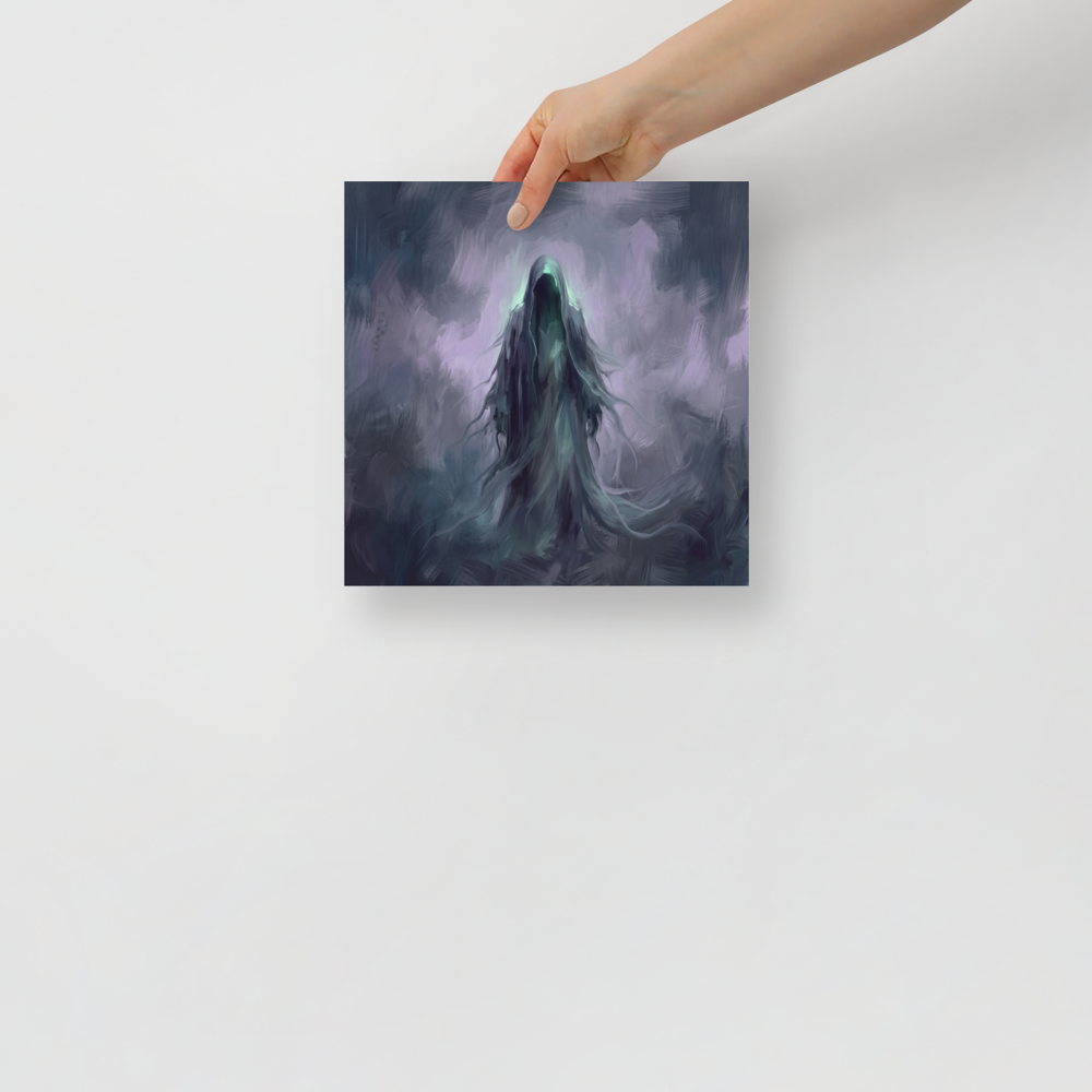 Fine art print 'Phantom of Morpheus' in a Symbolism style. Ethereal painting of a hooded phantom figure enveloped in purple mist, suited for a bedroom wall.