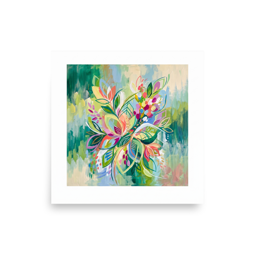 Abstract expressionism wall art for the sunroom / conservatory, 'Joyous Botanical Symphony'. A vibrant Abstract expressionism floral painting with colorful petals and lush green brushstrokes, ideal for a Sunroom / Conservatory.