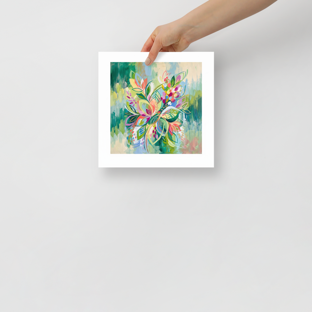 A vibrant Abstract expressionism floral painting with colorful petals and lush green brushstrokes, ideal for a Sunroom / Conservatory. A Abstract expressionism art print titled 'Joyous Botanical Symphony'.