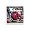 Wall art print 'Can't Ketchup' in a Pop art style. A comic book style pop art illustration of an angry running tomato with a speech bubble that says 'I CAN\'T KETCHUP!' rendered in red and cyan halftone dots.