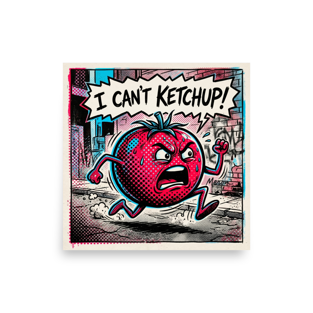 Wall art print 'Can't Ketchup' in a Pop art style. A comic book style pop art illustration of an angry running tomato with a speech bubble that says 'I CAN\'T KETCHUP!' rendered in red and cyan halftone dots.
