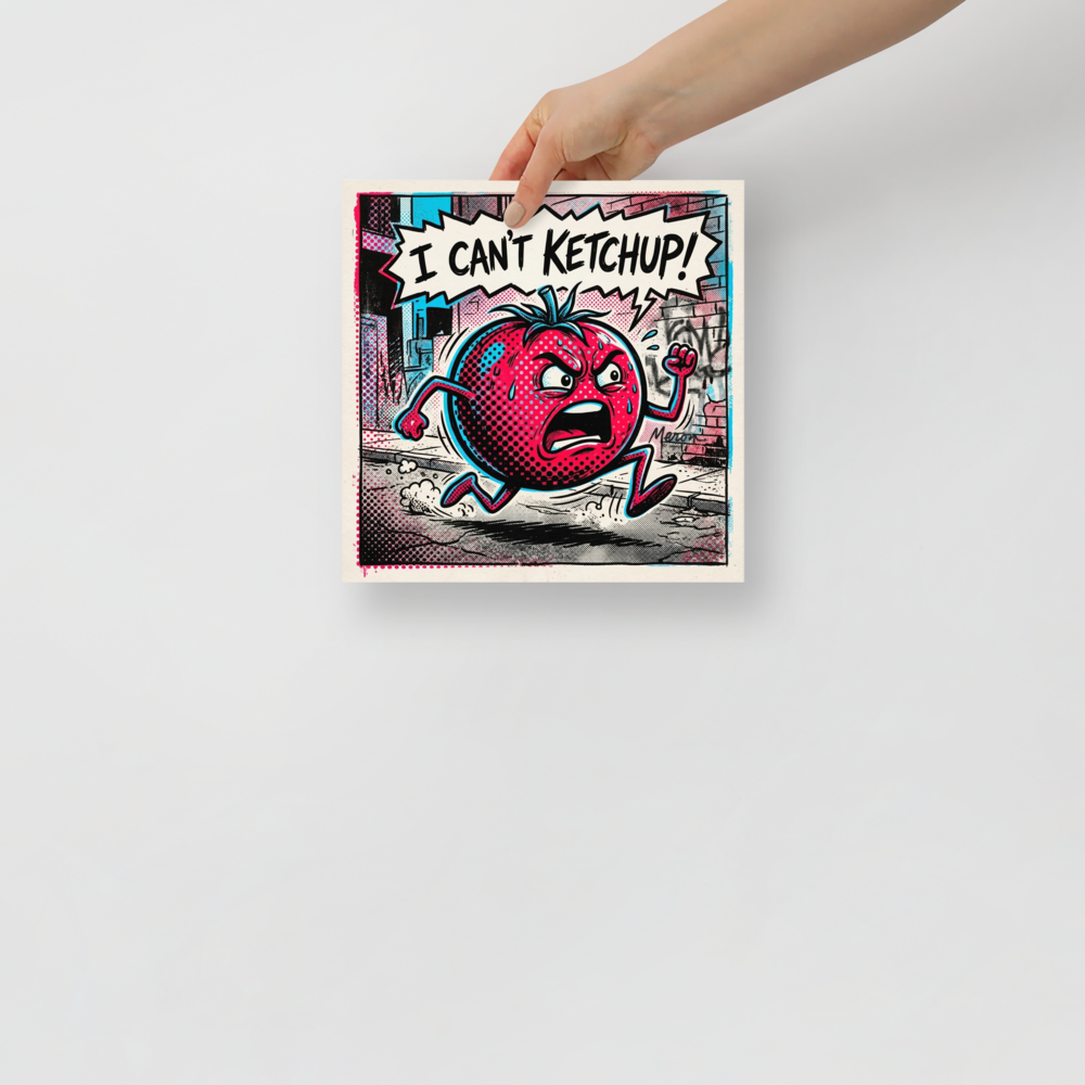 A amusement / humorous scene in red and cyan, 'Can't Ketchup'. A comic book style pop art illustration of an angry running tomato with a speech bubble that says 'I CAN\'T KETCHUP!' rendered in red and cyan halftone dots.
