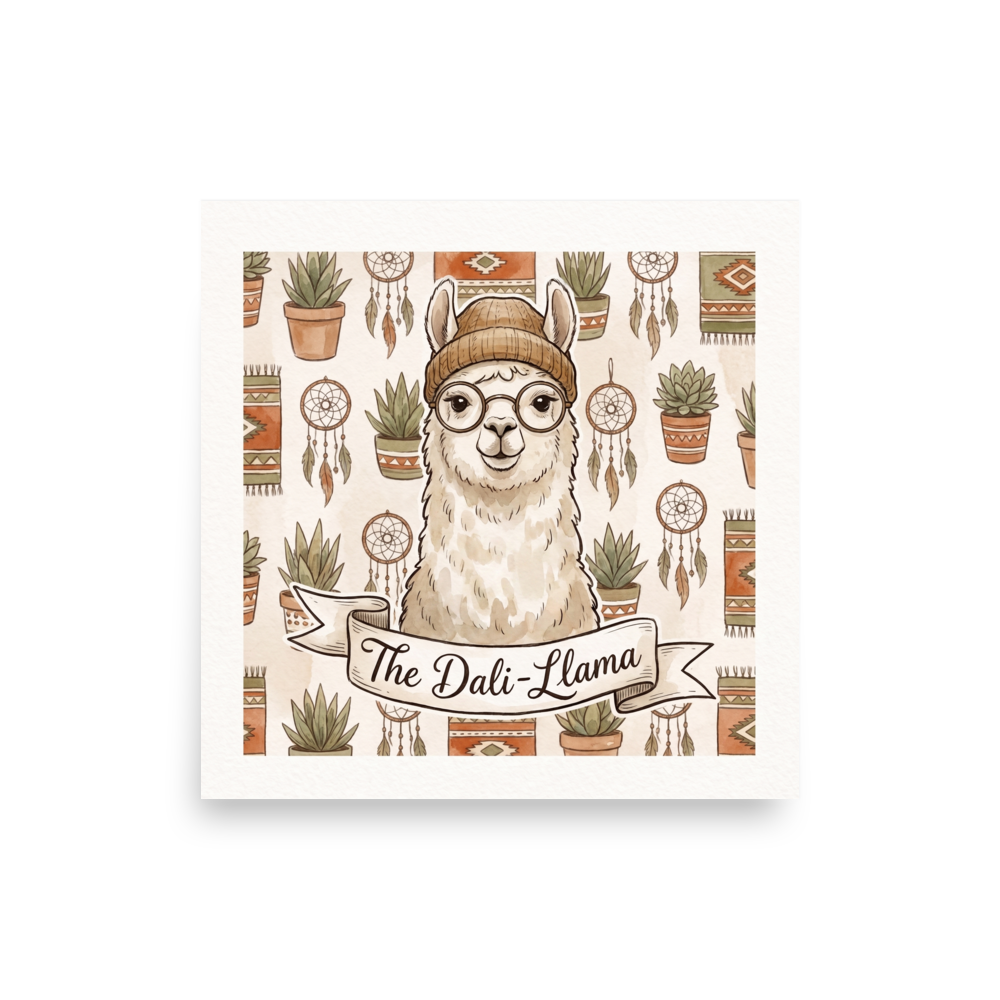 'The Dali-Llama' by Meron. A watercolor-style illustration of a hipster llama wearing glasses and a beanie with a banner reading 'The Dali-Llama', surrounded by boho decor. A Pop art wall art print.