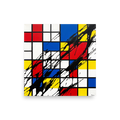 Abstract Mondrian primary color grid disrupted by dramatic diagonal black paint splashes, perfect wall art for a modern living room or studio. A De Stijl (also known as Neoplasticism) print in red and blue, 'Disrupted Neoplasticism'.
