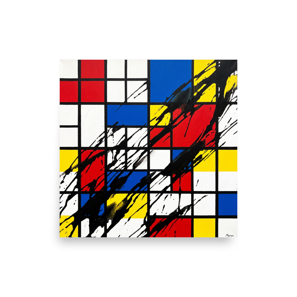Abstract Mondrian primary color grid disrupted by dramatic diagonal black paint splashes, perfect wall art for a modern living room or studio. A De Stijl (also known as Neoplasticism) print in red and blue, 'Disrupted Neoplasticism'.