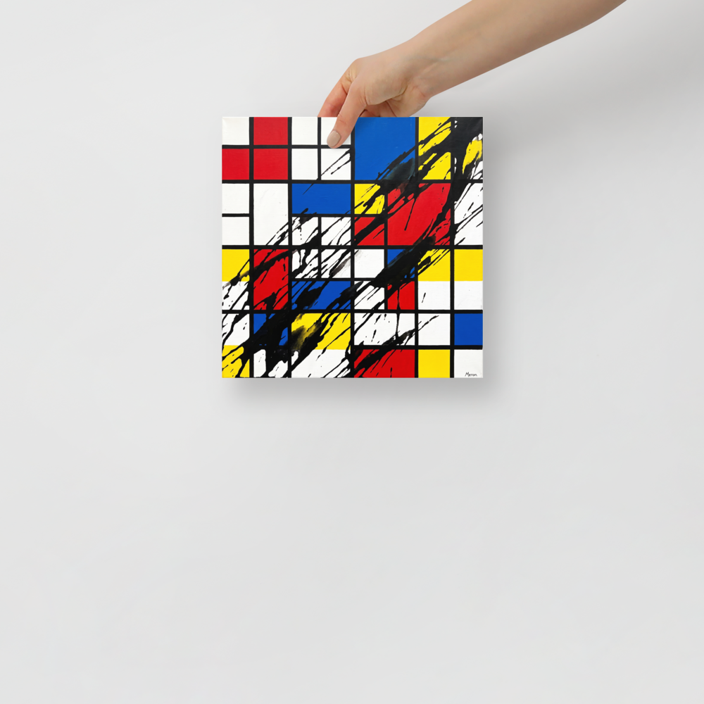 Abstract Mondrian primary color grid disrupted by dramatic diagonal black paint splashes, perfect wall art for a modern living room or studio. 'Disrupted Neoplasticism', a De Stijl (also known as Neoplasticism) print for the wall.