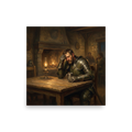 Wall art print 'The Weary Knight' in a Realism style. Atmospheric oil painting of a knight in armor brooding at a warm tavern table for den wall art.