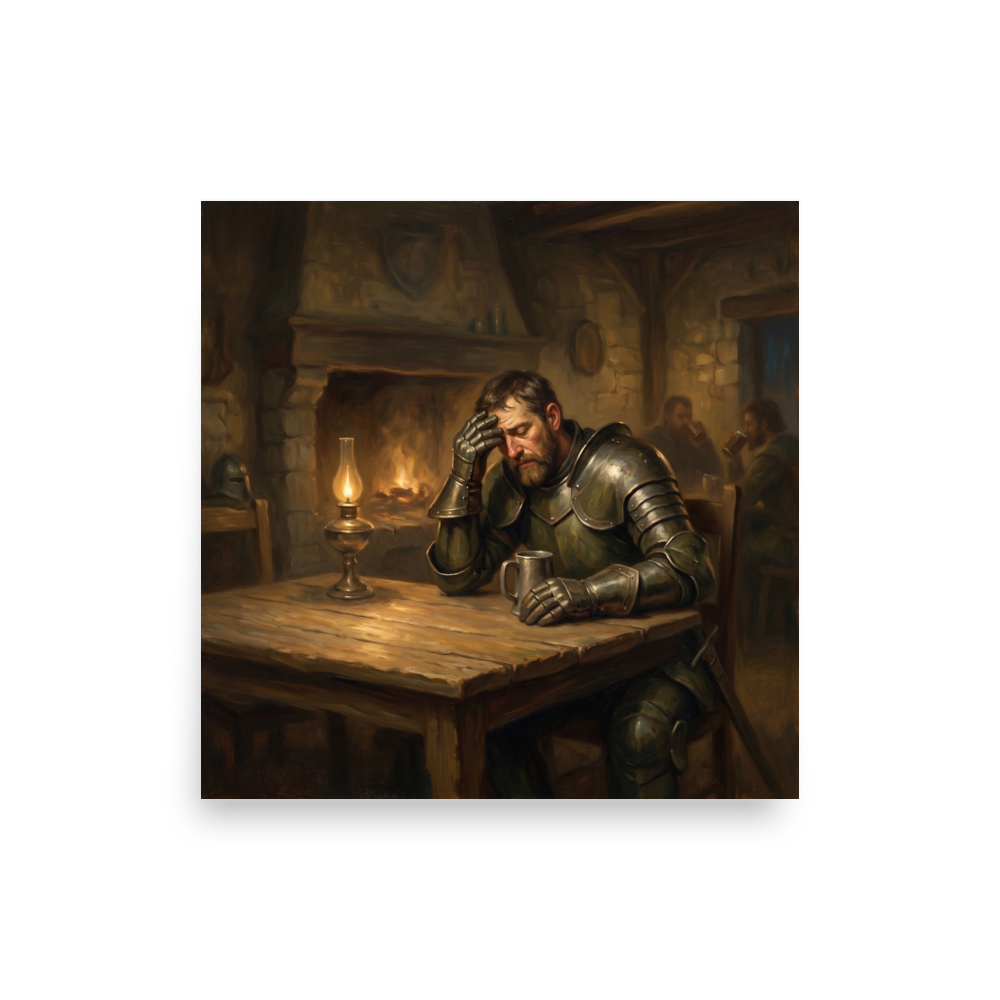 Wall art print 'The Weary Knight' in a Realism style. Atmospheric oil painting of a knight in armor brooding at a warm tavern table for den wall art.