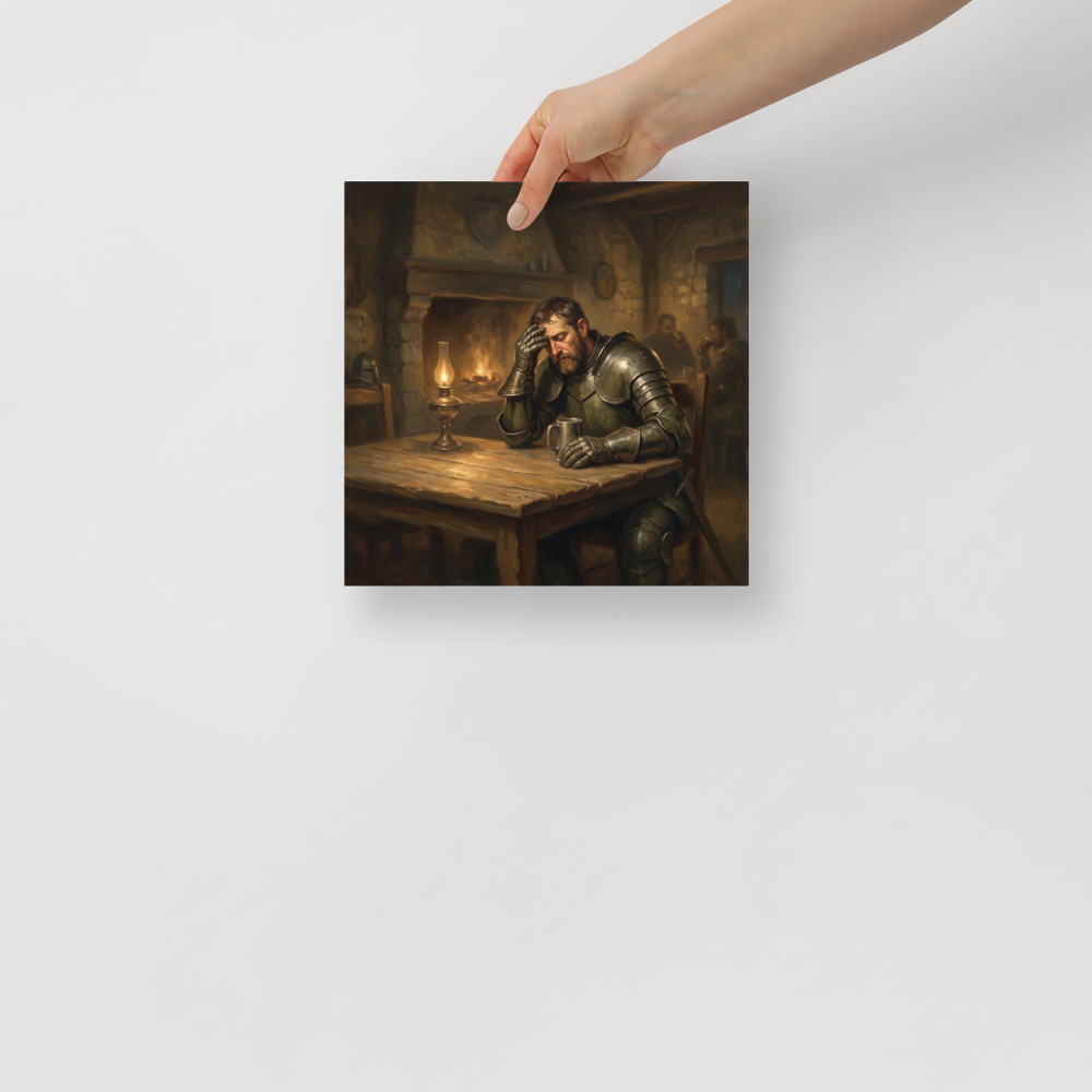 'The Weary Knight', a Realism wall art print. Atmospheric oil painting of a knight in armor brooding at a warm tavern table for den wall art.